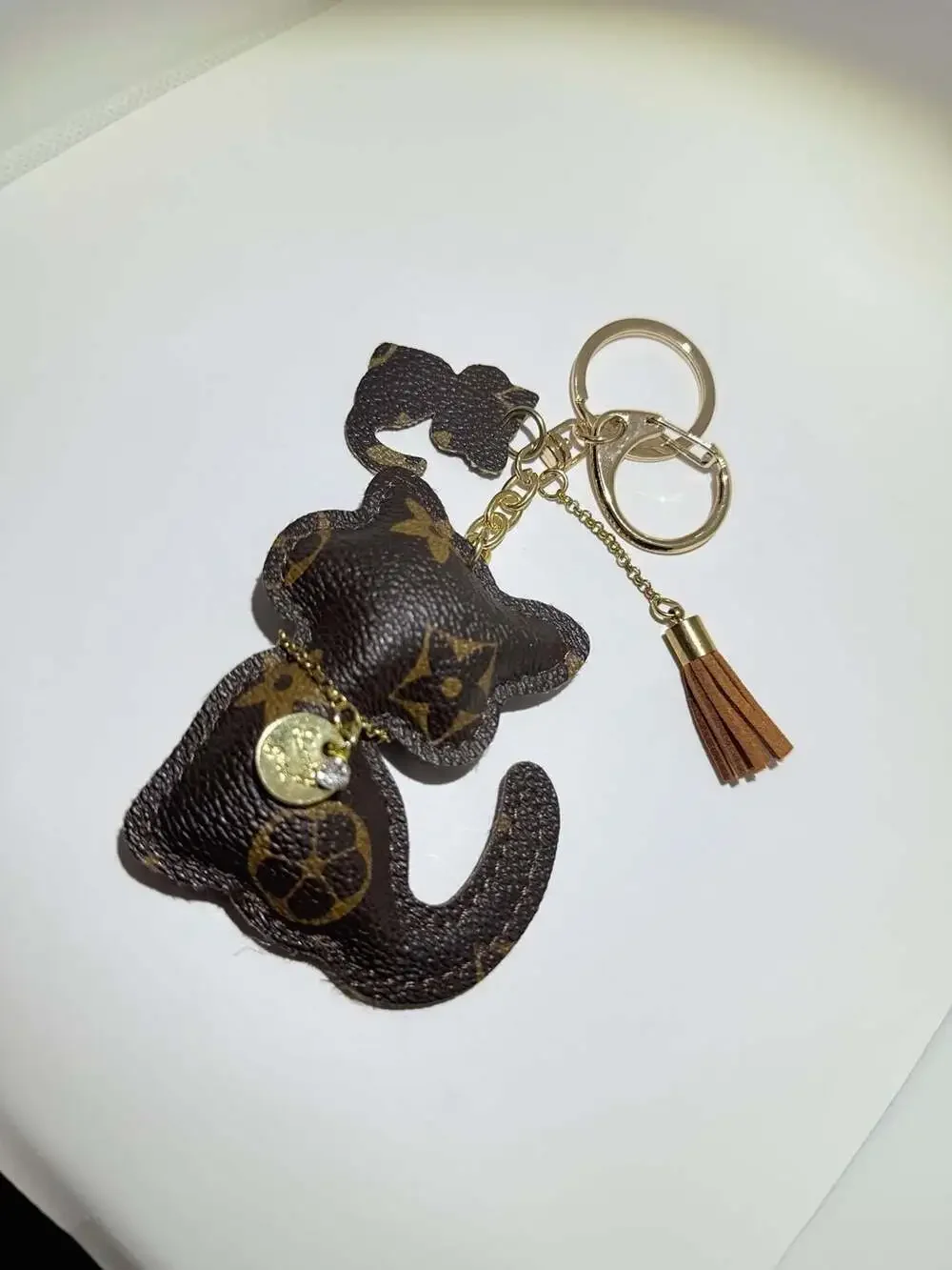 Unbranded Cat Keychain Monogram PU Leather Tassel Pendant Brown